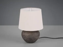 Rustikale Keramik LED Tischleuchte braun Stoffschirm in beige, Höhe 25cm