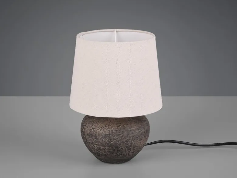 Rustikale Keramik LED Tischleuchte braun Stoffschirm in beige, Höhe 25cm