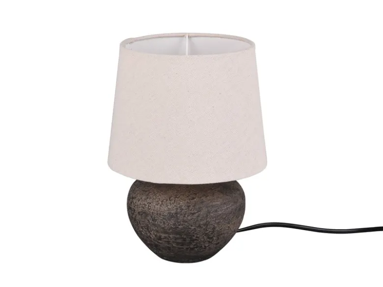 Rustikale Keramik Tischleuchte LOU Braun Stoffschirm in Beige, Höhe 25cm