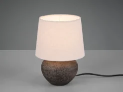 Rustikale Keramik Tischleuchte LOU Braun Stoffschirm in Beige, Höhe 25cm