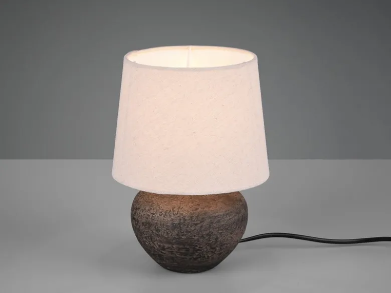Rustikale Keramik Tischleuchte LOU Braun Stoffschirm in Beige, Höhe 25cm