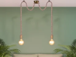 Rustikale LED Affenschaukel Lampe 2-flammig aus Hanfseil, Höhe 150cm