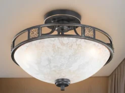 Rustikale LED Deckenleuchte Rostoptik mit Glasschirm Alabasterfarben Ø 42cm