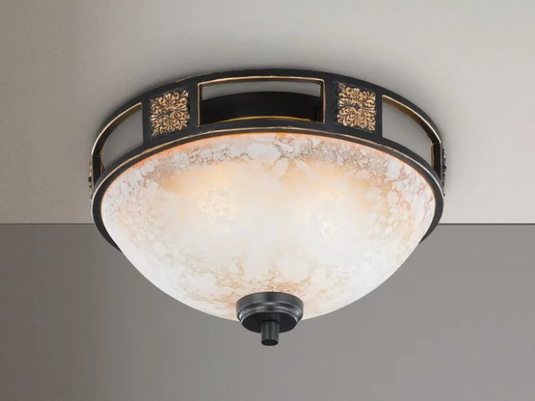 Rustikale LED Deckenleuchte Rostoptik mit Glasschirm Alabasterfarben Ø 33cm