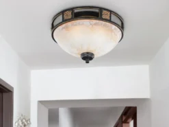 Rustikale LED Deckenleuchte Rostoptik mit Glasschirm Alabasterfarben Ø 33cm