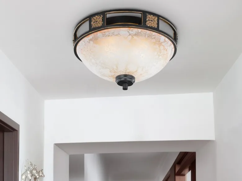 Rustikale LED Deckenleuchte Rostoptik mit Glasschirm Alabasterfarben Ø 33cm