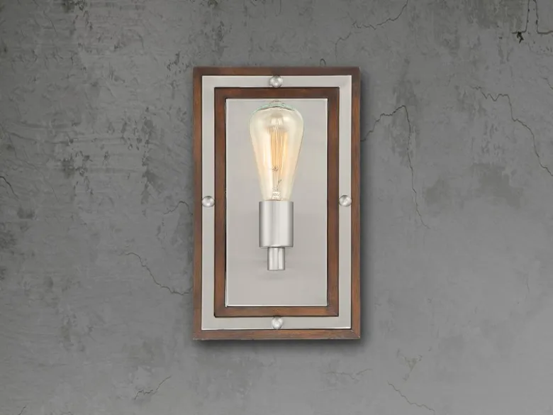 Rustikale LED Wandleuchte aus Holz und Metall, Höhe 32cm