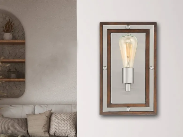 Rustikale LED Wandleuchte aus Holz und Metall, Höhe 32cm
