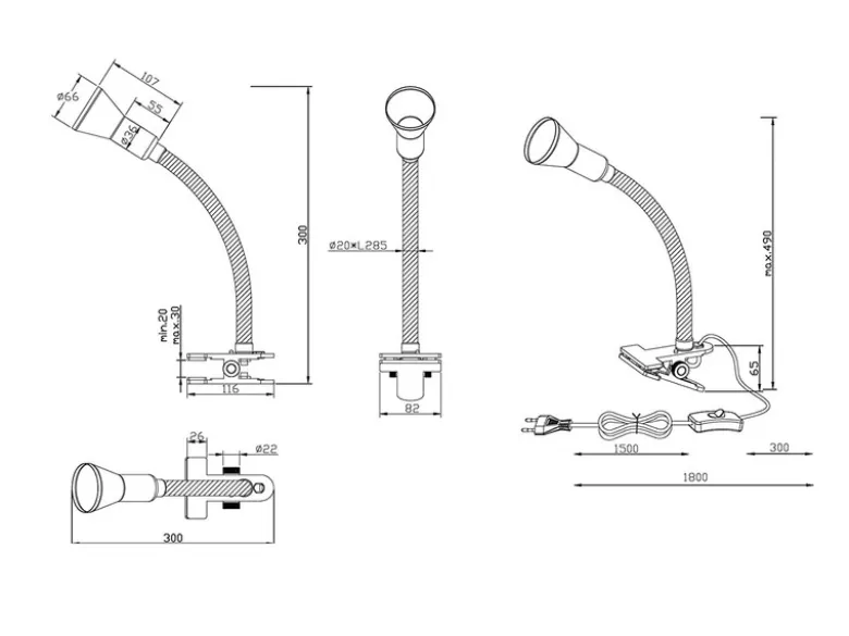 Schlauch-Klemmlampe FLEXO, E14, Höhe 45cm, flexibel, schwarz