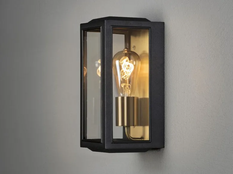 Schmale LED Außenwandlaterne Schwarz-Messing mit Klarglas, Höhe 30cm