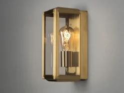 Schmale LED Außenwandlaterne aus Messing mit Klarglas, Höhe 30cm
