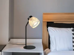 Schreibtischleuchte LAURENT mit Korb Lampenschirm aus Bambus, Höhe 36cm