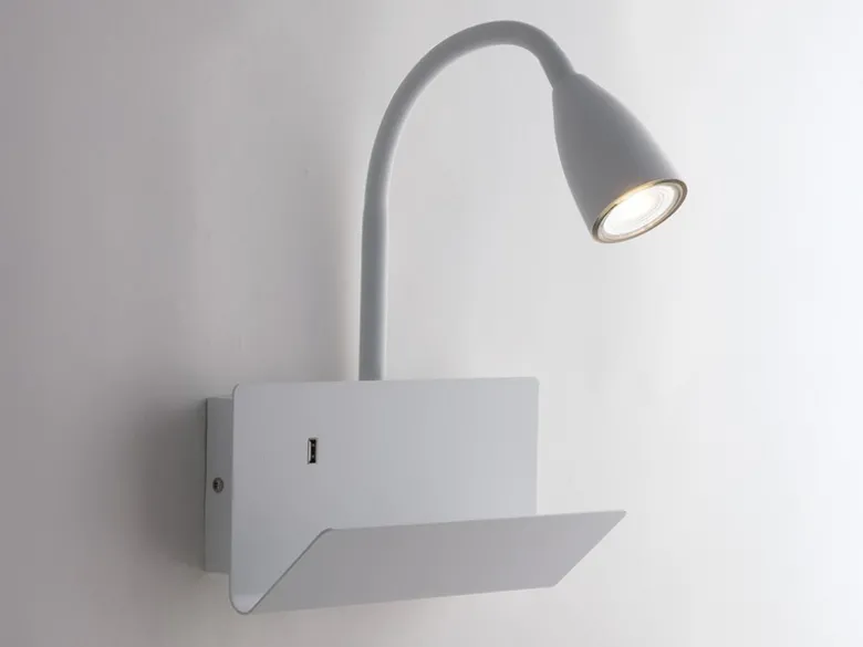 Schwanenhals Leselampe GULP Weiß mit Ablage & USB-Ladefunktion, B. 23cm