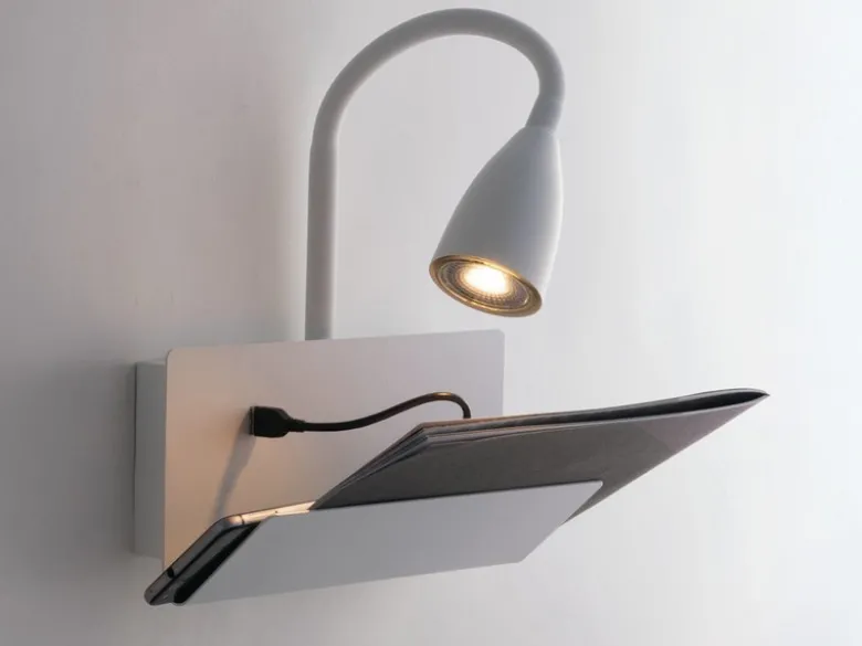 Schwanenhals Leselampe GULP Weiß mit Ablage & USB-Ladefunktion, B. 23cm