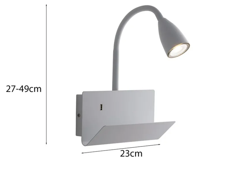 Schwanenhals Leselampe GULP Weiß mit Ablage & USB-Ladefunktion, B. 23cm