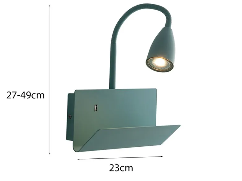 Schwanenhals Leselampe GULP Grün mit Ablage & USB-Ladefunktion, B. 23cm