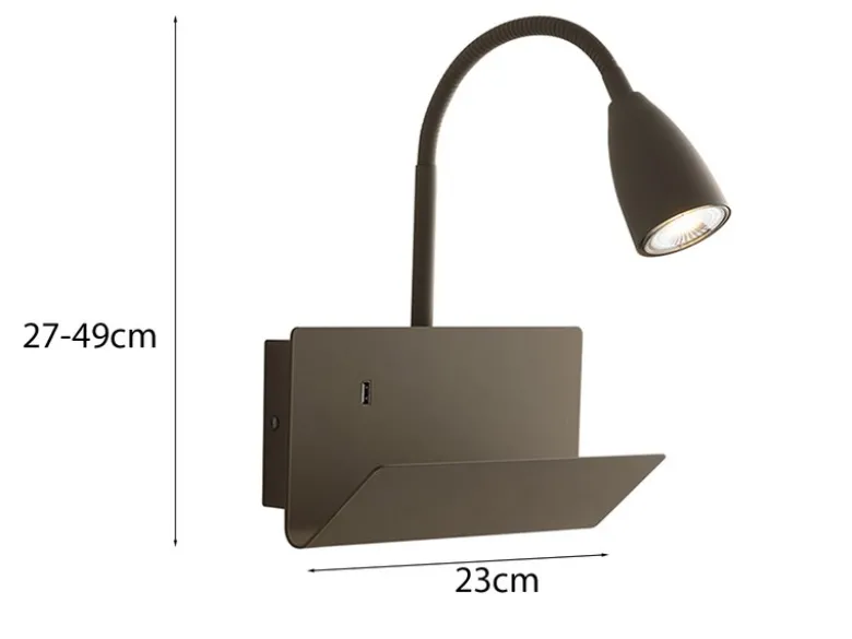 Schwanenhals Leselampe GULP Braun mit Ablage & USB-Ladefunktion, B. 23cm