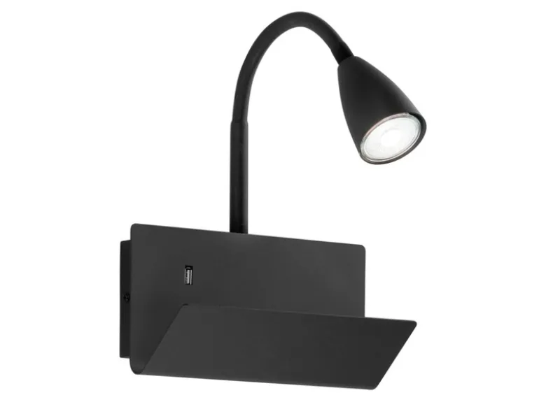 Schwanenhals Leselampe GULP Schwarz mit Ablage & USB-Ladefunktion, B. 23cm