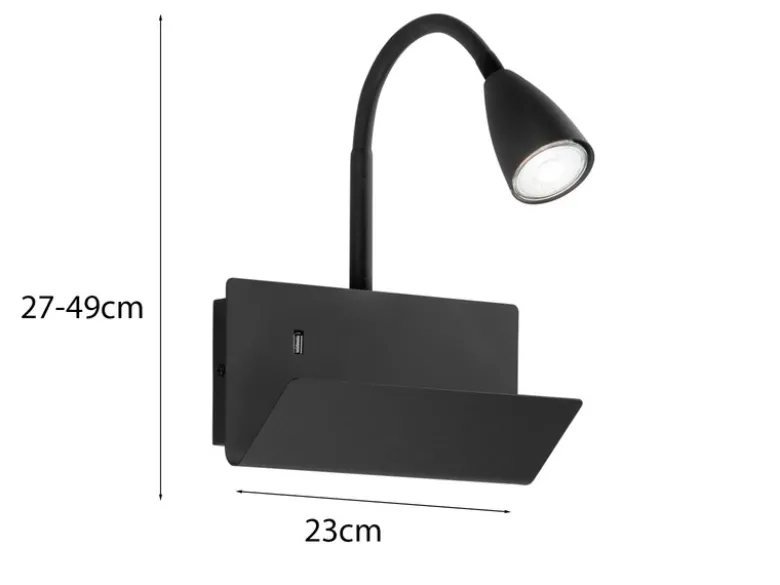 Schwanenhals Leselampe GULP Schwarz mit Ablage & USB-Ladefunktion, B. 23cm