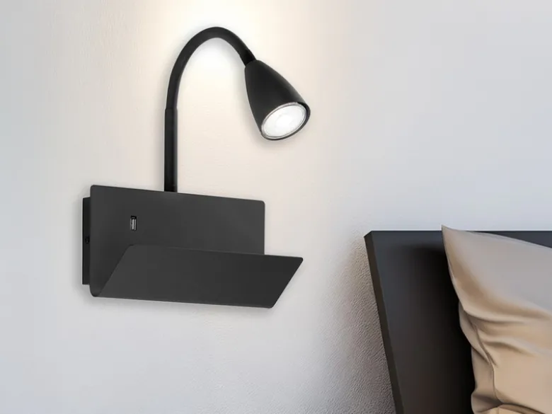 Schwanenhals Leselampe GULP Schwarz mit Ablage & USB-Ladefunktion, B. 23cm