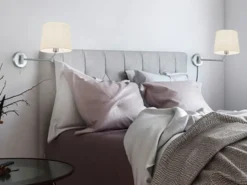 Schwenkbare LED Wandleuchte mit Stoffschirm Weiß & Gelenkarm Silber