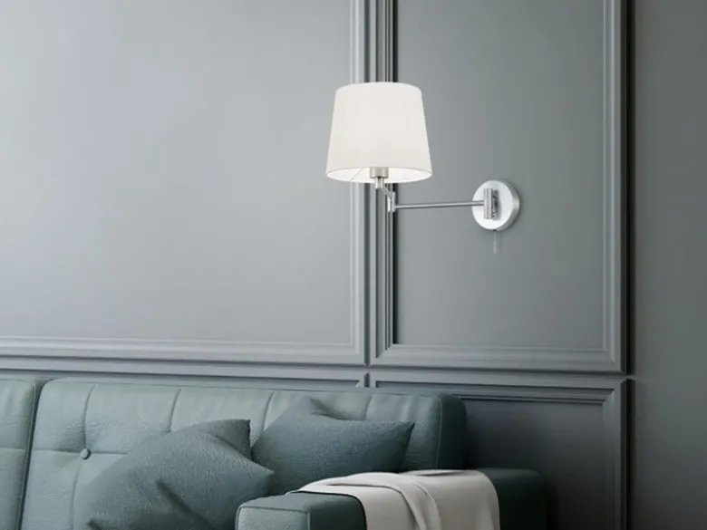 Schwenkbare LED Wandleuchte mit Stoffschirm Weiß & Gelenkarm Silber