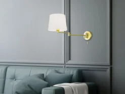 Schwenkbare LED Wandleuchte mit Stoffschirm Weiß & Gelenkarm Messing