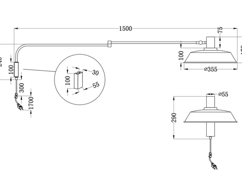 Schwenkbare Wandlampe BOLDER mit Metallschirm Schwarz, Schnurschalter & Stecker
