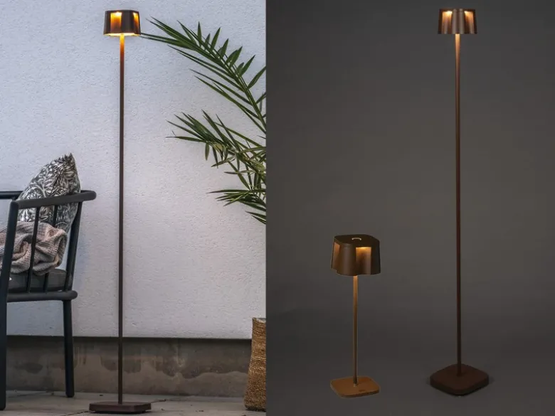 SET Akku Stehlampe 120cm & Tischleuchte 36cm für Outdoor kabellos Rostoptik