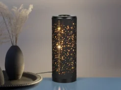 SET ausgefallene Stehlampe & Tischlampe Stoff Schwarz Gold mit Starlight Effekt
