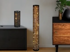 SET ausgefallene Stehlampe & Tischlampe Stoff Schwarz Gold mit Starlight Effekt