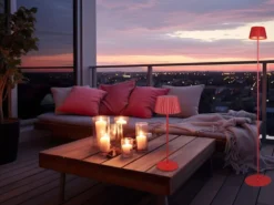 SET: Kleine Akku Stehlampe 123cm & Tischlampe 39cm für Outdoor kabellos Rot