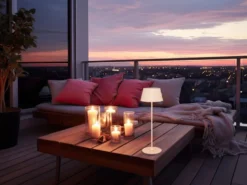 SET: Kleine Akku Stehlampe 123cm & Tischlampe 39cm für Outdoor kabellos Beige