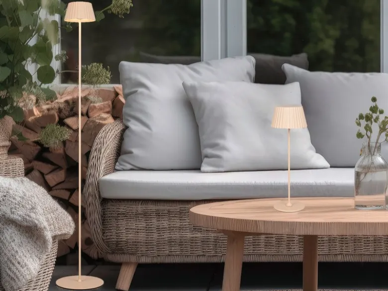 SET: Kleine Akku Stehlampe 123cm & Tischlampe 39cm für Outdoor kabellos Beige