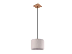 Skandinavische LED Pendelleuchte mit beigem Stoffschirm und Naturholz, Ø 35cm