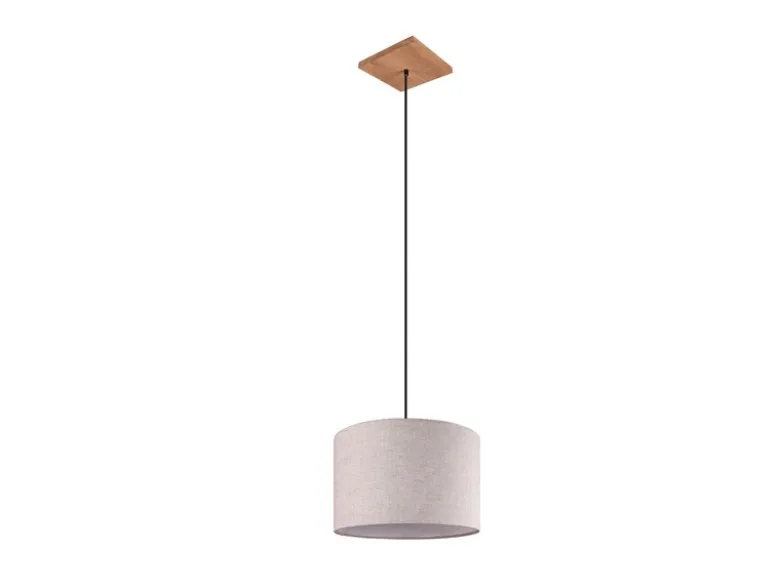 Skandinavische LED Pendelleuchte mit beigem Stoffschirm und Naturholz, Ø 35cm