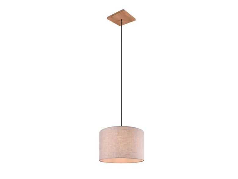 Skandinavische LED Pendelleuchte mit beigem Stoffschirm und Naturholz, Ø 35cm