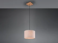 Skandinavische LED Pendelleuchte mit beigem Stoffschirm und Naturholz, Ø 35cm