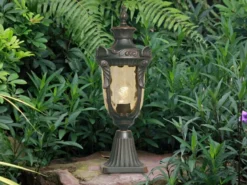 Sockel Laterne PHILADELPHIA Jugendstil mit Amberglas, Höhe 54cm