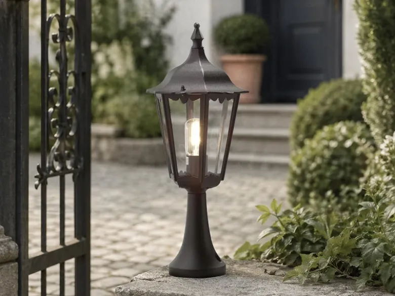 Sockelleuchte aus Aluminium Schwarz, antike E27 Gartenlaterne, Höhe 55cm