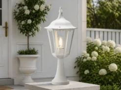 Sockelleuchte aus Aluminium Weiß, antike E27 Gartenlaterne, Höhe 55cm