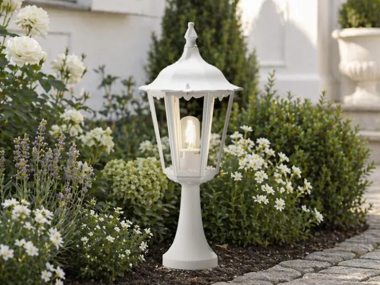 Sockelleuchte aus Aluminium Weiß, antike E27 Gartenlaterne, Höhe 55cm