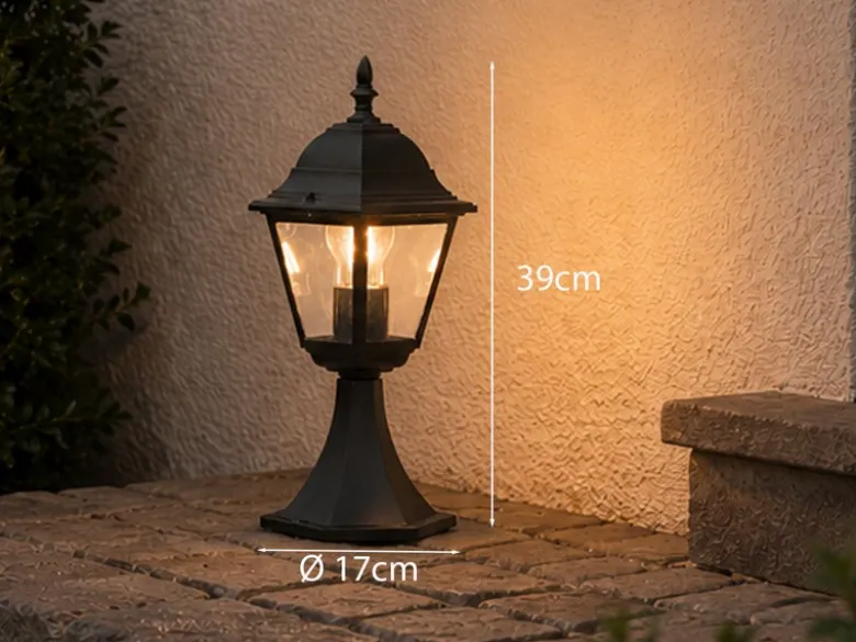 Sockelleuchte LIVENZA nostalgische Laterne, Aluminium Schwarz, Höhe 39cm