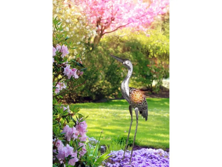 Solarbetriebene LED Deko Figur Kranich aus Metall in Grau, Höhe 77cm