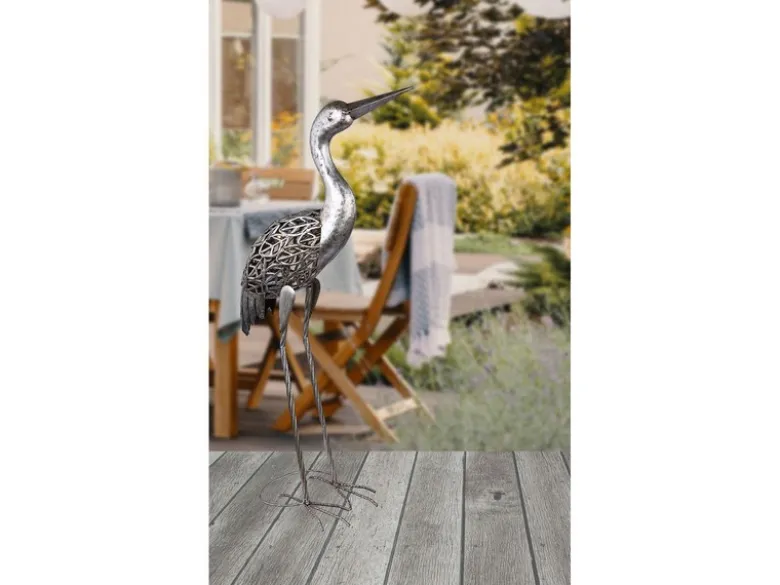Solarbetriebene LED Deko Figur Kranich aus Metall in Grau, Höhe 77cm
