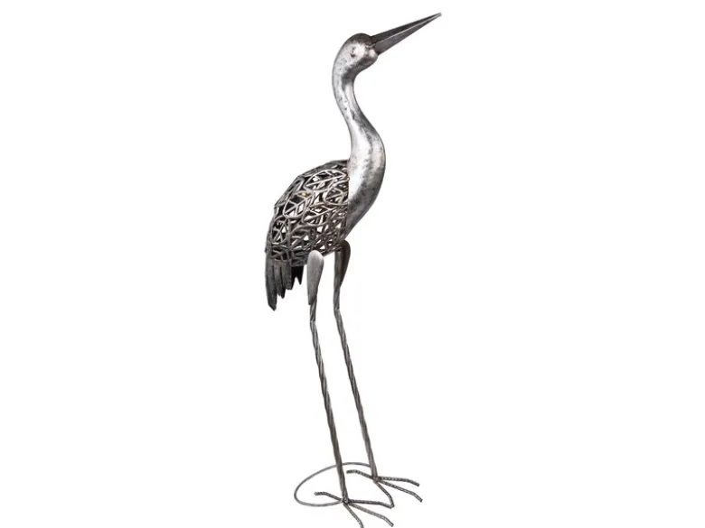 Solarbetriebene LED Deko Figur Kranich aus Metall in Grau, Höhe 77cm