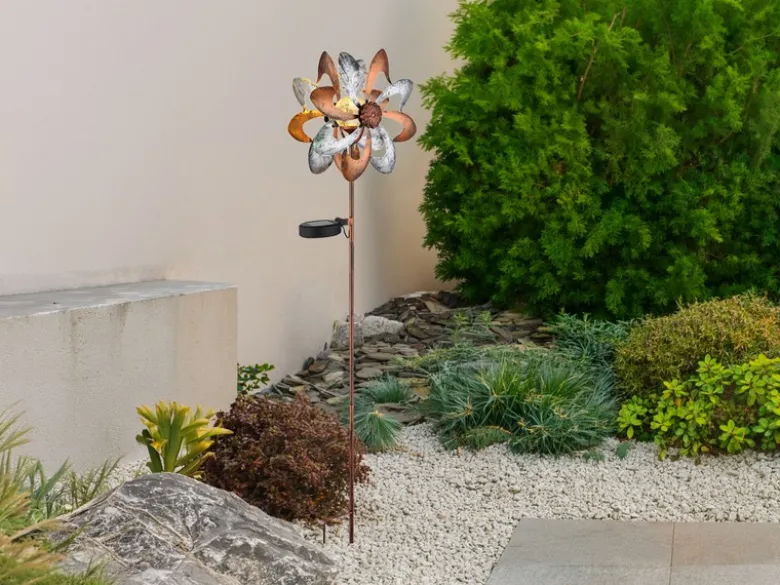 Solar Gartenstecker Windrad mit Erdspieß in Kupfer & Silber patiniert, Höhe 92cm