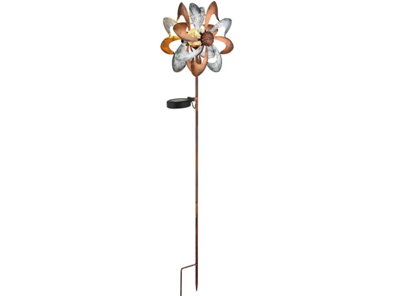 Solar Gartenstecker Windrad mit Erdspieß in Kupfer & Silber patiniert, Höhe 92cm