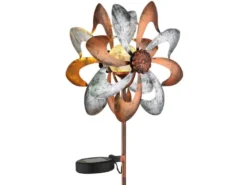 Solar Gartenstecker Windrad mit Erdspieß in Kupfer & Silber patiniert, Höhe 92cm