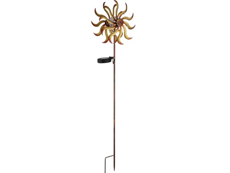 Solar Gartenstecker Windrad mit Erdspieß in Orange-Gelb & Kupfer, Höhe 92cm